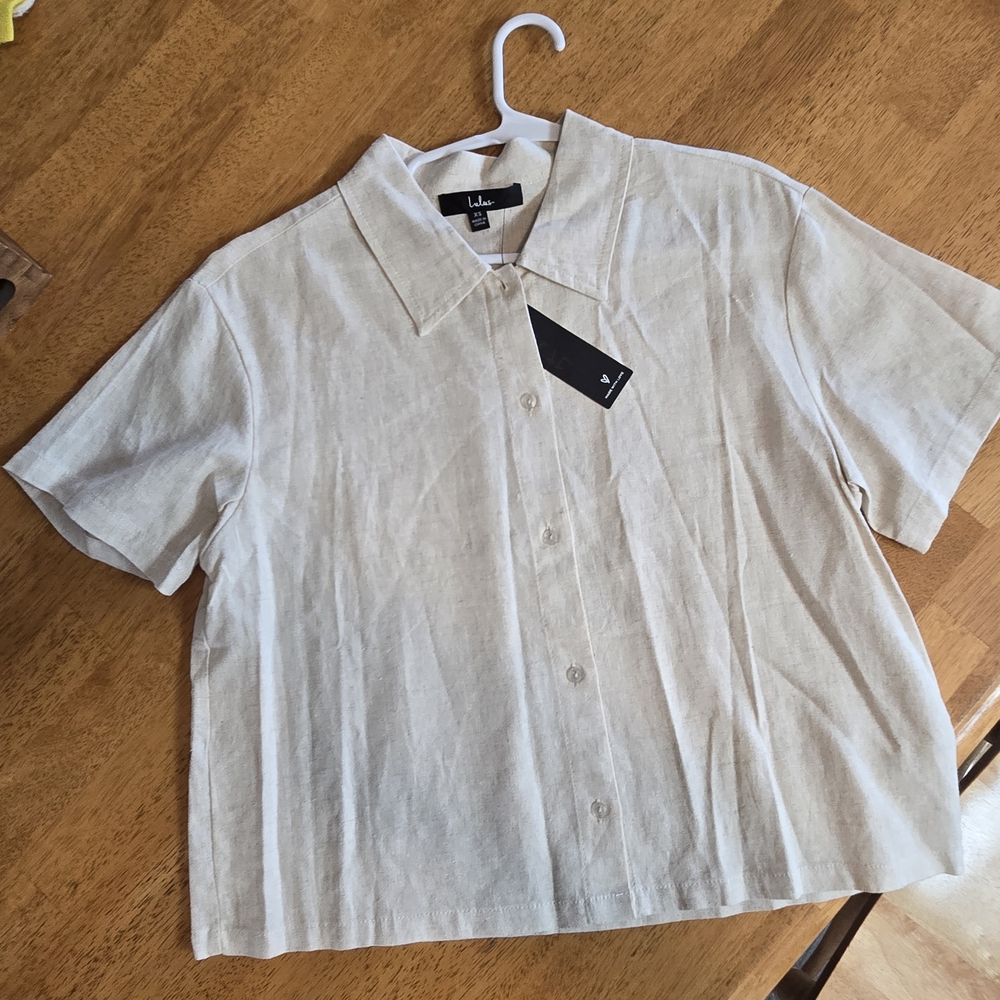 Lulu's Beige Button Down Shirt